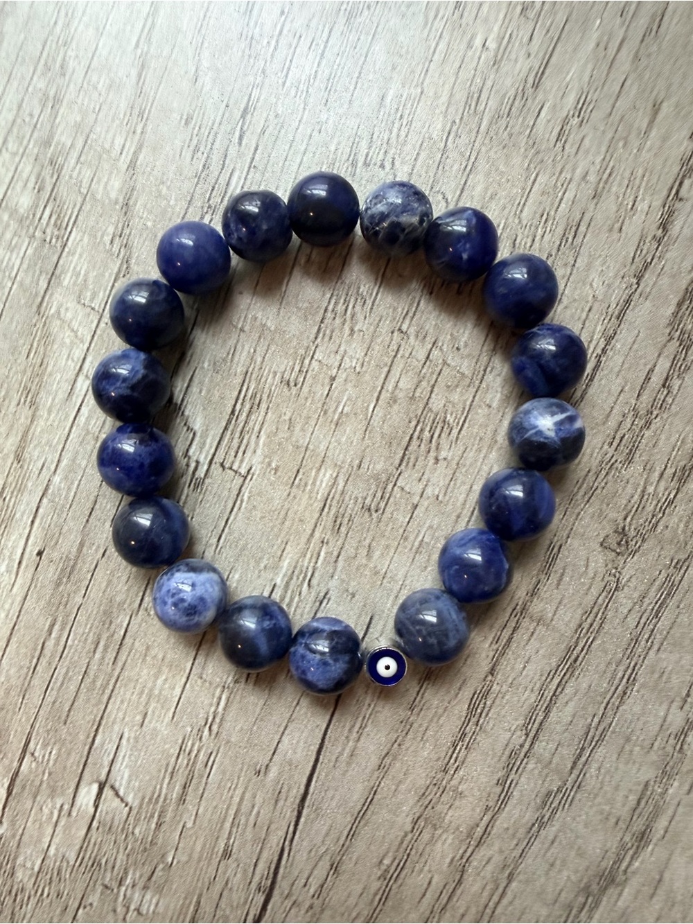Blue Sodalite Beaded Stretch Bracelet with Evil Eye Accent